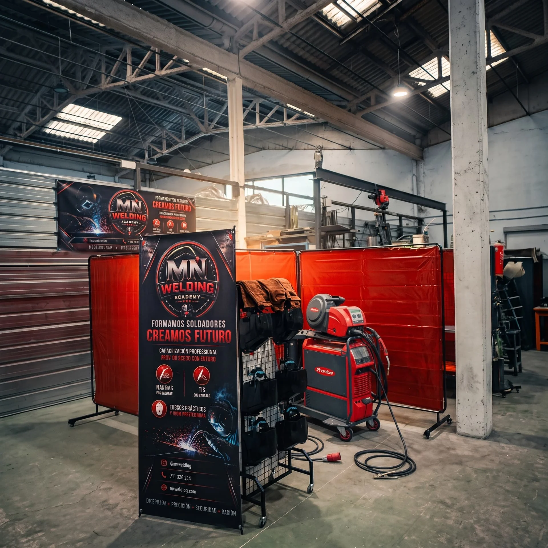 Taller de MN Welding Academy con cabinas y equipos de soldadura